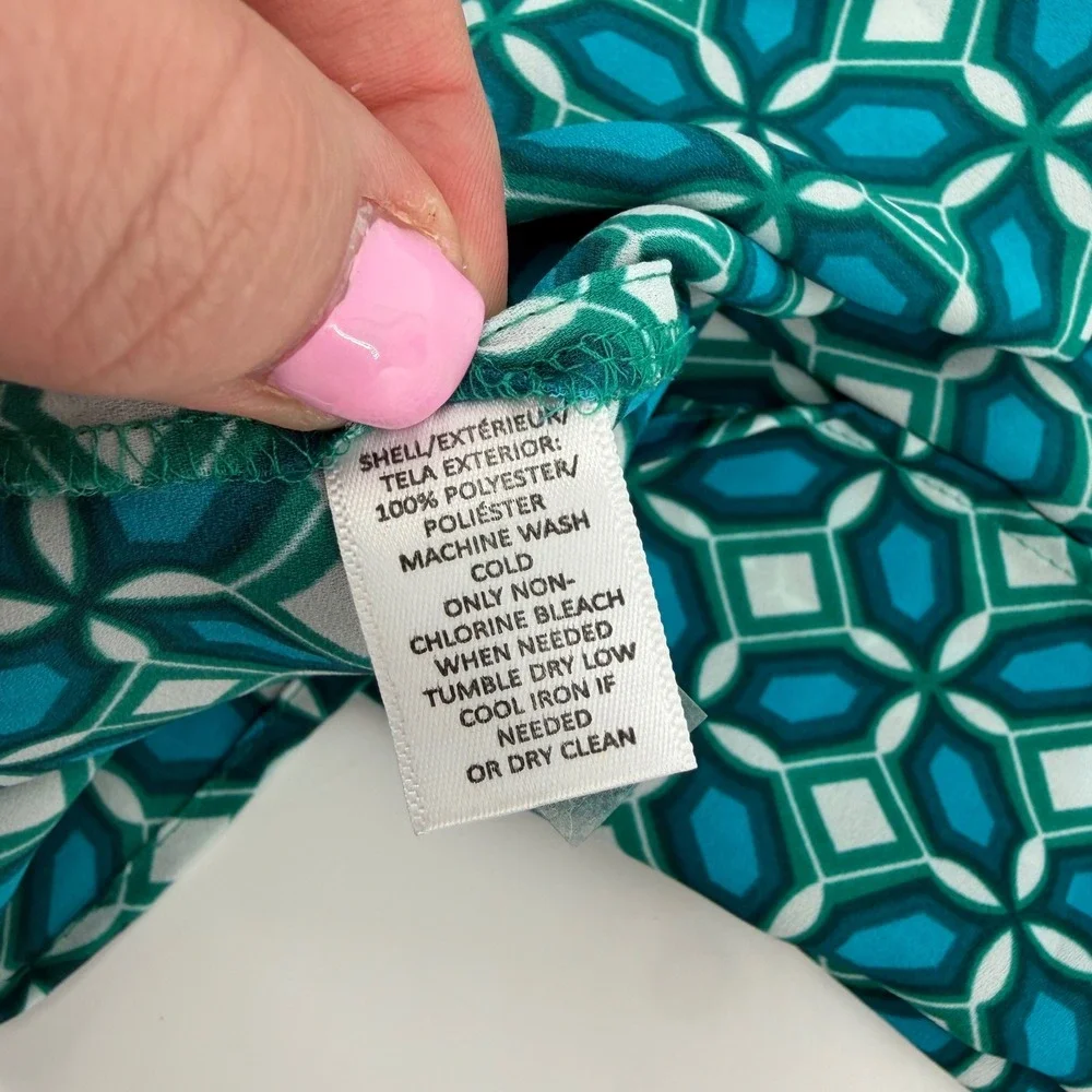 LOFT Womens XSP Teal Geometric Tile Print 3/4 Sleeve Ladder Lace Blouse Top